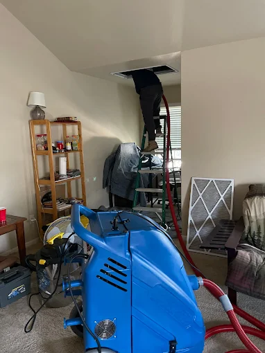 Professional duct cleaning equipment including HEPA vacuum and brushes